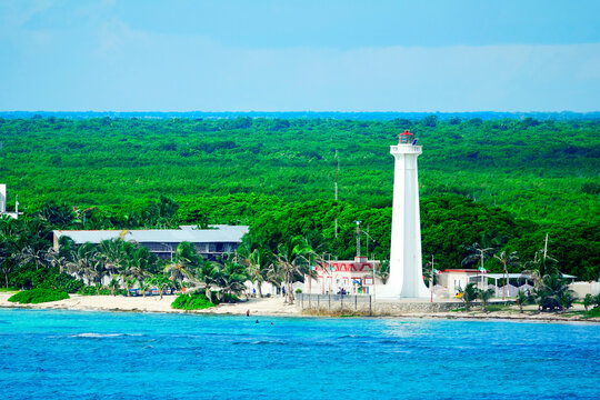 Mahahual Lighthouse at Costa Maya Mexico is a popular cruise ship stop on the western Caribbean Sea .  Created 11.01.24