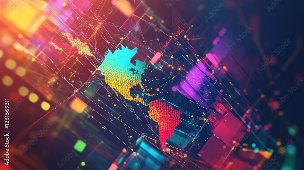 Poster a colorful, abstract world map with geometric shapes and vibrant hues, creating a dynamic and modern