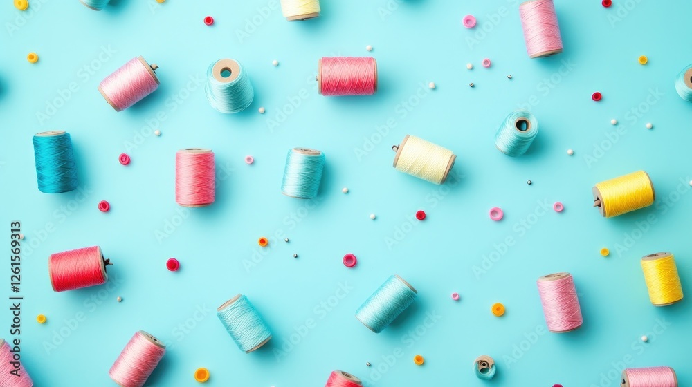 Poster a colorful collection of thread spools scattered across a calming blue background, offering a playfu