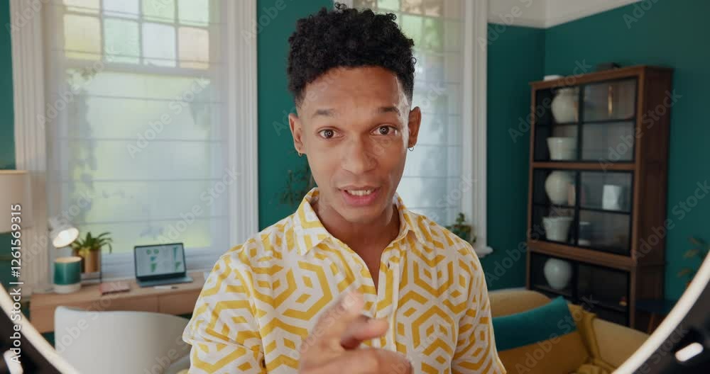 Poster live streaming, ring light and face with man in house for influencer, finance expert and content cre