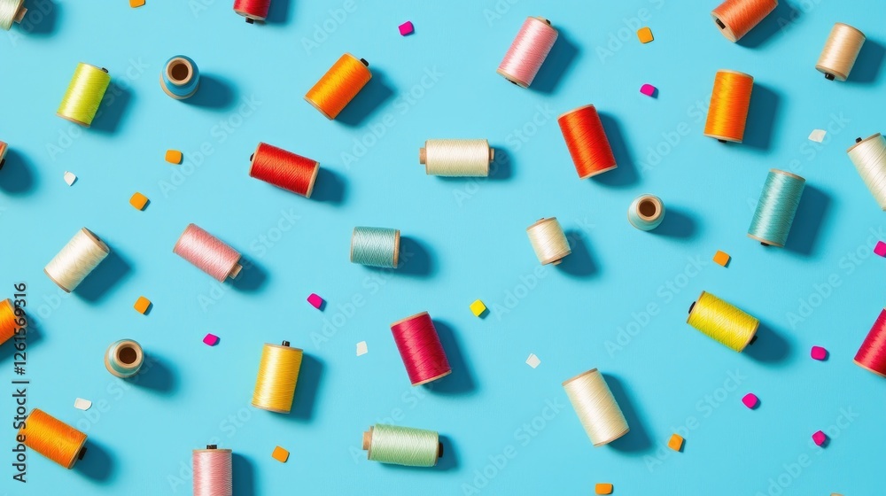 Poster a colorful collection of thread spools scattered across a calming blue background, offering a playfu