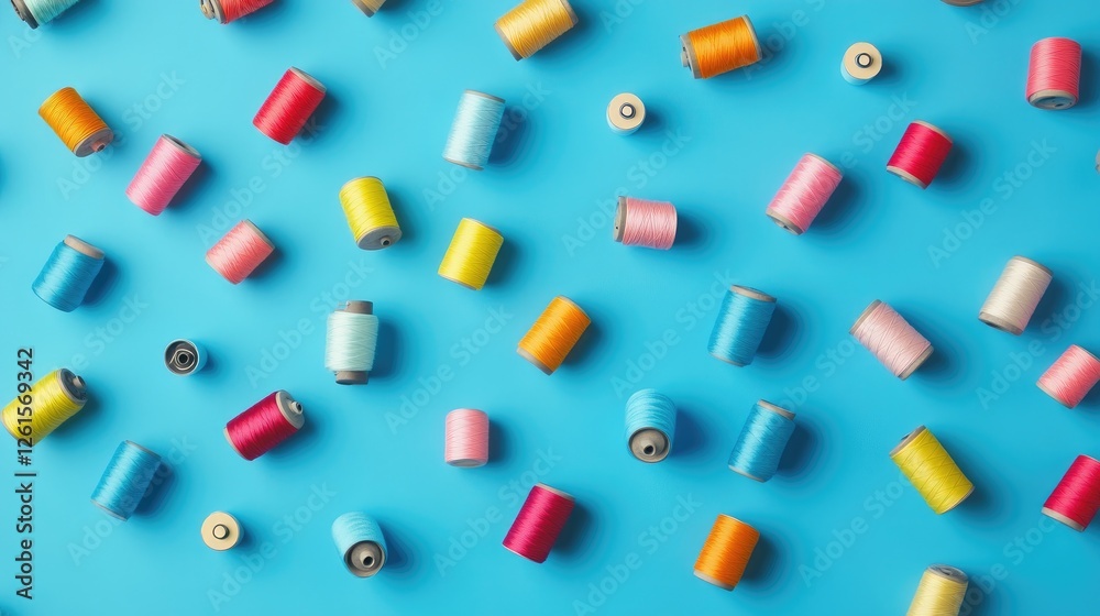 Poster a colorful collection of thread spools scattered across a calming blue background, offering a playfu