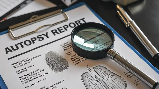 Close-up of an autopsy report with forensic findings, fingerprints, organ sketch, magnifying glass, and pen beside it.