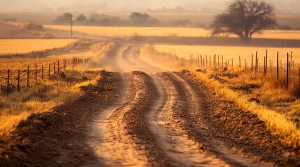 Serene Country Road Through Golden Fields at Sunset in Rural Landscape
