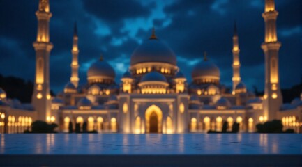 Fototapeta premium A sleek modern table in the foreground with a softly blurred grand mosque at night, illuminated by golden and blue lights.