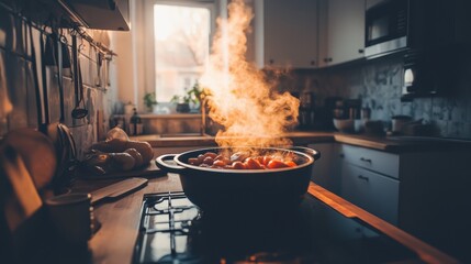 Steam Rising from Pot of Simmering Vegetables in Cozy Kitchen