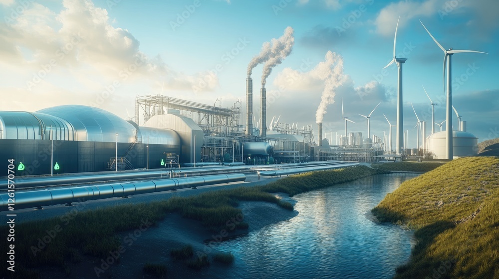 Aufkleber a cutting-edge green factory featuring hydrogen pipelines and a backdrop of wind turbines, represent
