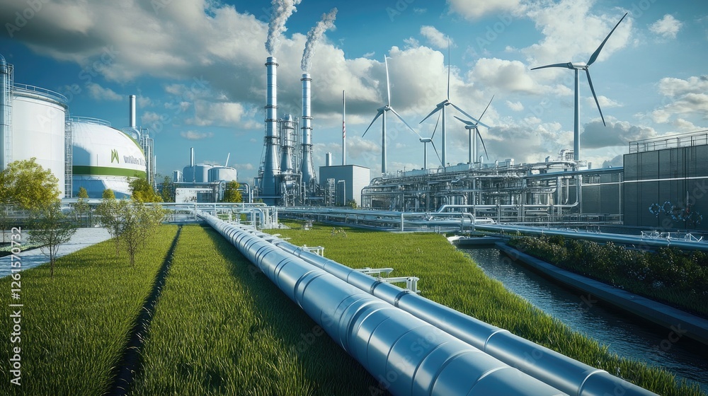 Aufkleber a cutting-edge green factory featuring hydrogen pipelines and a backdrop of wind turbines, represent