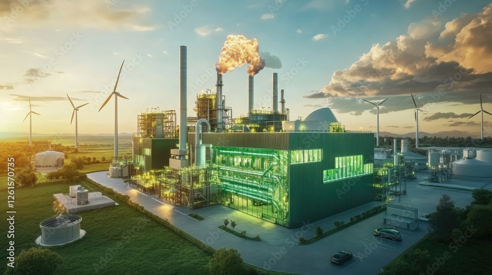 Poster a cutting-edge green factory featuring hydrogen pipelines and a backdrop of wind turbines, represent