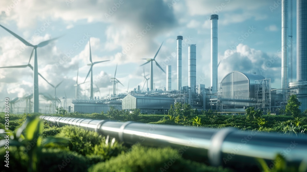 Poster a cutting-edge green factory featuring hydrogen pipelines and a backdrop of wind turbines, represent