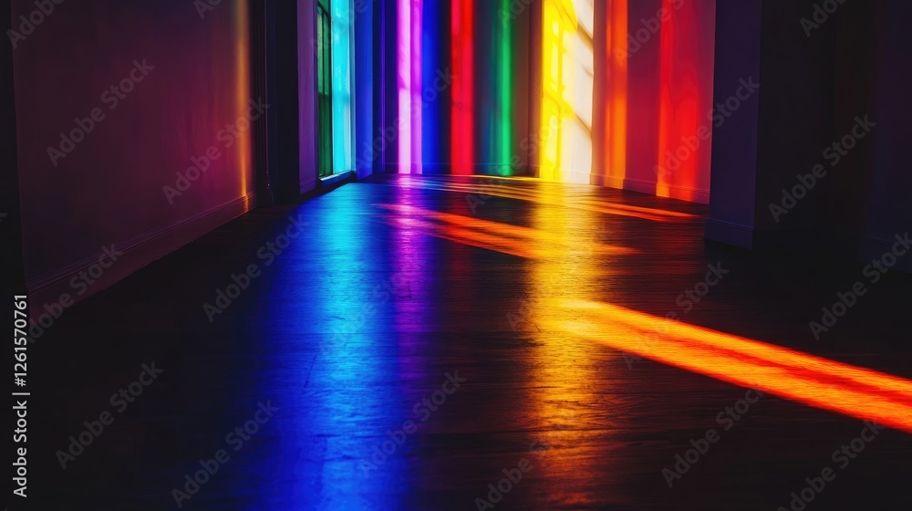 Poster a dark room with rainbow lights casting brilliant colors and dramatic shadows, creating an intriguin
