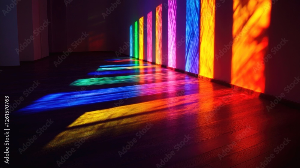Poster A dark room with rainbow lights casting brilliant colors and dramatic shadows, creating an intriguing and atmospheric effect of light and color