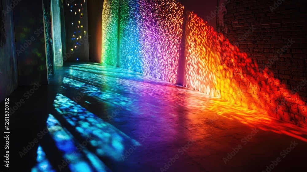 Poster a dark room with rainbow lights casting brilliant colors and dramatic shadows, creating an intriguin