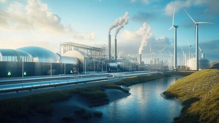 Fototapeta premium A cutting-edge green factory featuring hydrogen pipelines and a backdrop of wind turbines, representing a vision for a sustainable future powered by renewable energy