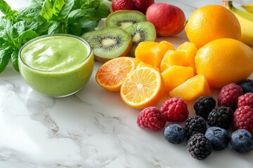Fresh Green Smoothie with Assorted Fruits: A Vibrant and Healthy Blend on Marble, Perfect for a Nutritious and Delicious Start to Your Day