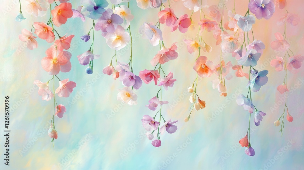 Poster A delicate display of colorful hanging blooms, floating against a soft pastel background, evoking calmness and tranquility in a nature-themed setting