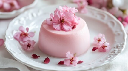 Naklejka premium A delicate pink mousse with floral details, elegantly served on a white plate, offering a touch of elegance and sweetness, perfect for fine dining or desserts