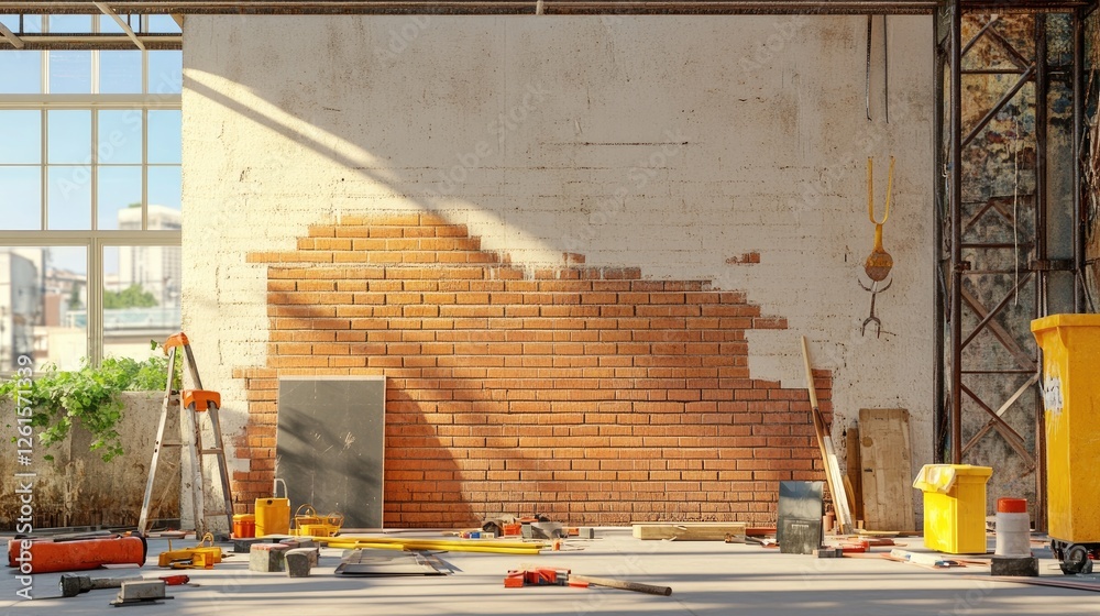 Poster a detailed 3d render of a construction site with a half-built brick wall and scattered tools, emphas
