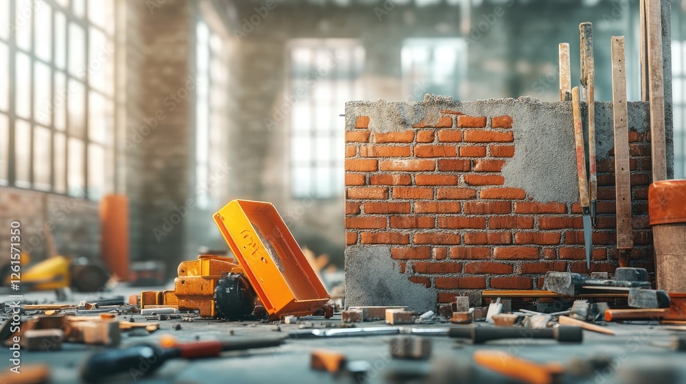 Poster a detailed 3d render of a construction site with a half-built brick wall and scattered tools, emphas