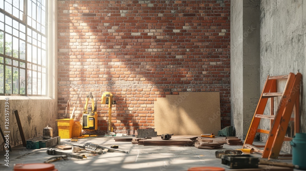 Poster a detailed 3d render of a construction site with a half-built brick wall and scattered tools, emphas