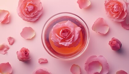 Rose oil natural extract fresh flower on glass bowl and pink background