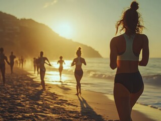 Golden Hour Beach Run: Fitness Group Jogging at Sunset, Embracing Wellness and Coastal Beauty with Sunlight and Ocean Waves