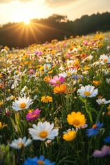 Obraz premium Golden Hour Meadow: A Vibrant Symphony of Wildflowers Bathed in Warm Sunlight, Capturing the Essence of Summer Bliss and the Beauty of Nature's Palette.