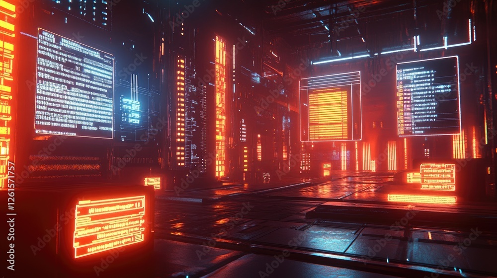 Poster A digital environment filled with glowing lights and data bars, visualizing dynamic data movement in a futuristic, tech-inspired scene