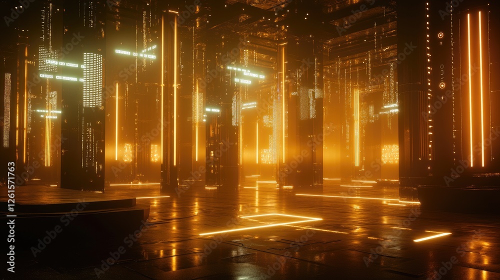 Poster A digital environment filled with glowing lights and data bars, visualizing dynamic data movement in a futuristic, tech-inspired scene