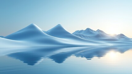 Serene winter landscape featuring smooth snow-covered mountains reflecting in calm water at sunrise