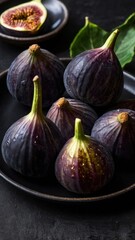 Fototapeta premium Luxurious Fresh Figs: A Stunning Top-View Close-Up on a Sleek Black Plate
