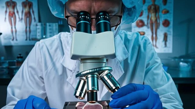 Forensic pathologist conducts autopsy, scrutinizing tissue sample under microscope in dimly lit lab with medical tools.