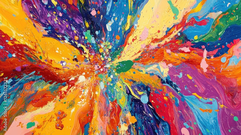 Poster A dynamic explosion of bright, vibrant colors in a burst of energy, creating an abstract background filled with rhythm and pop music-inspired movement