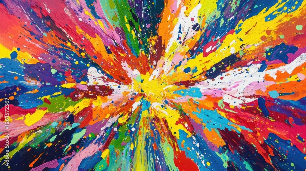 Poster A dynamic explosion of bright, vibrant colors in a burst of energy, creating an abstract background filled with rhythm and pop music-inspired movement