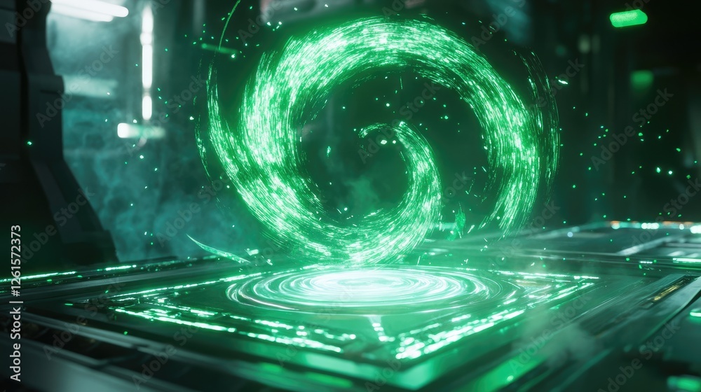Poster A dynamic scene with green holographic data waves spiraling towards a glowing platform, conveying a sense of digital movement and tech-driven energy