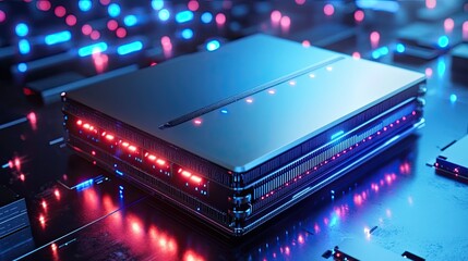 Futuristic data server, glowing lights, circuit board background, tech concept