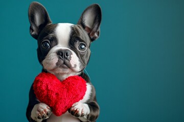 Ad campaign concept visual artwork. Cute boston terrier hound with fluffy red heart - emblem of love, funny greeting card. Boston terrier - my cherished dog. February pet love. Love and care.