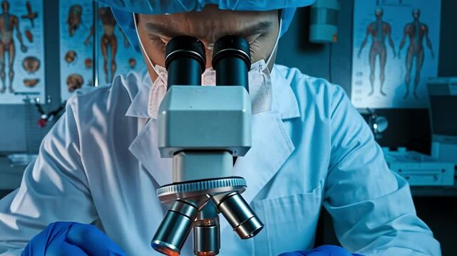 Forensic pathologist conducts autopsy, scrutinizing tissue sample under microscope in dimly lit lab with medical tools.