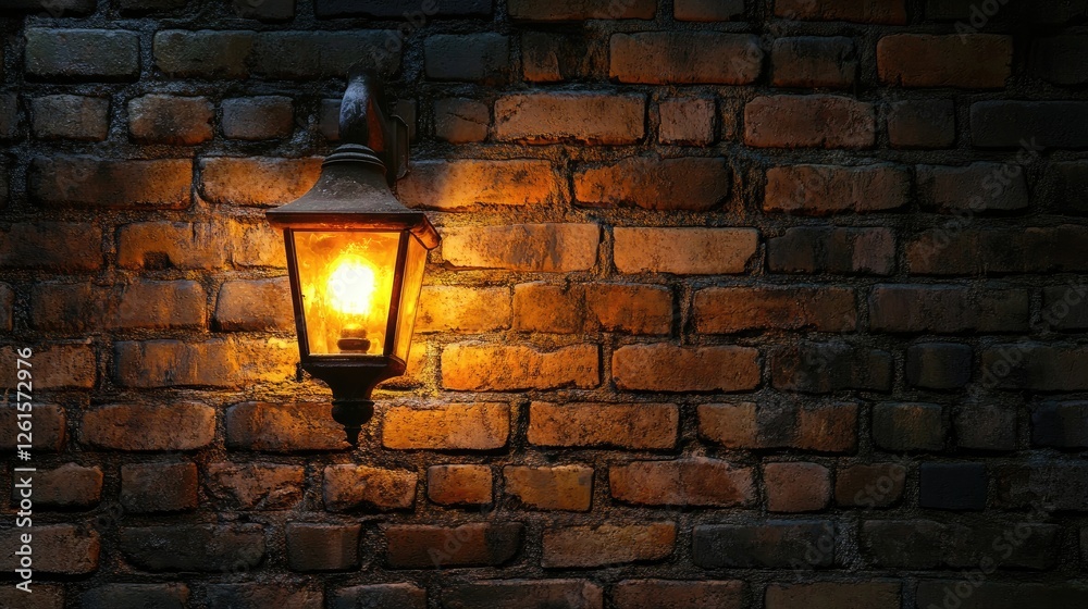 Poster a flickering gas light on an old brick wall, evoking warmth and history, ideal for capturing nostalg