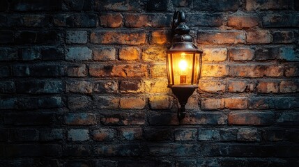 A flickering gas light on an old brick wall, evoking warmth and history, ideal for capturing nostalgic or vintage themes in an evening setting