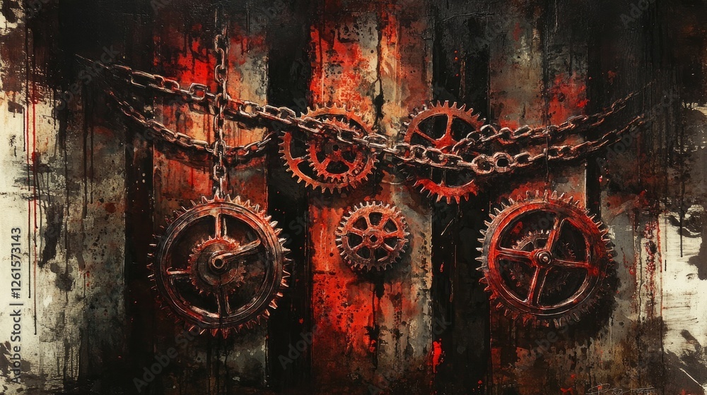Poster a forgotten industrial space featuring rusty gears and chains, bathed in dramatic lighting, creating