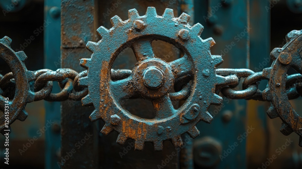 Poster a forgotten industrial space featuring rusty gears and chains, bathed in dramatic lighting, creating