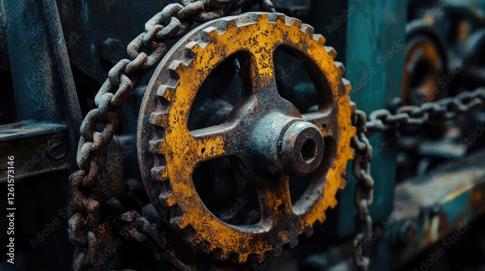 Poster a forgotten industrial space featuring rusty gears and chains, bathed in dramatic lighting, creating
