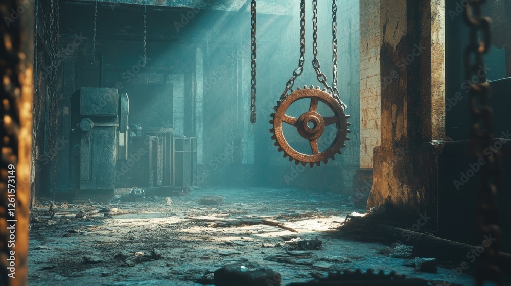 Poster a forgotten industrial space featuring rusty gears and chains, bathed in dramatic lighting, creating