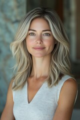 Fototapeta premium Portrait of a Beautiful Woman with Blonde Hair and Green Eyes, Wearing a Sleeveless Top, Smiling Gently with Natural Light and Soft Focus on the Background.