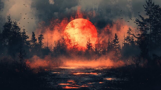 A blood moon rising over a dark forest with fog and birds flying in the sky at dusk or dawn time