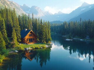 Obraz premium Scenic Cabin Retreat: A Serene Lakeside Getaway Surrounded by Evergreen Forests and Majestic Mountain Views in a Tranquil Natural Setting.