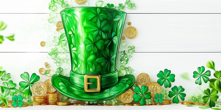 Green leprechaun hat adorned with shamrocks is surrounded by shiny gold coins on a white background, inviting creativity for adult colorers and artisans