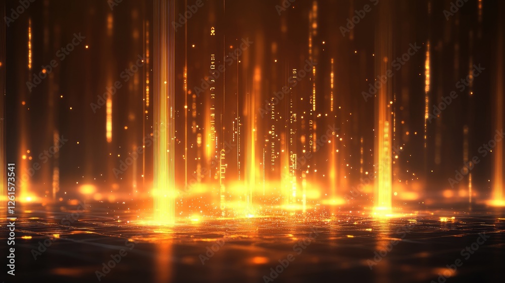 Poster A futuristic digital environment with glowing bars and lights visualizing dynamic data movement, perfect for tech or data-driven design themes