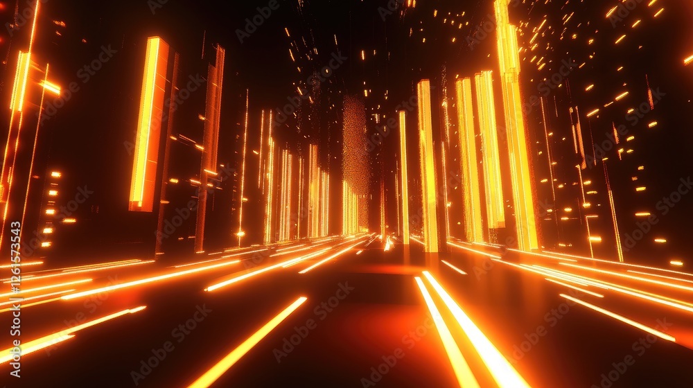 Aufkleber A futuristic digital environment with glowing bars and lights visualizing dynamic data movement, perfect for tech or data-driven design themes
